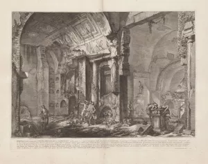 Black and white engraving depicting ruins, tombs, and masonry with subjects exploring the space. 