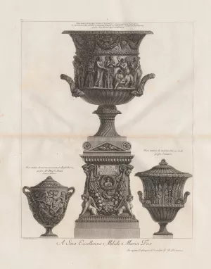 Black and white etching of a detailed urn. 