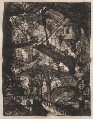 Black and white engraving of various connecting drawbridges.