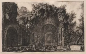 Black and white engraving depicting a stone fountain inside a grandiose building with onlookers exploring the cavernous interior. 