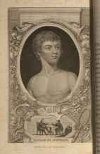 A portrait of a young boy with a secondary scene below depicting a teacher and his student