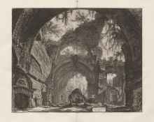 Black and white engraving depicting a large stone arch with dilpidated stone behind it. 