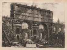 Black and white engraving of a stone facade with multiple archways featuring people walking in the scene.
