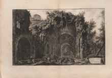 Black and white engraving depicting a stone fountain inside a grandiose building with onlookers exploring the cavernous interior. 