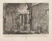 Black and white engraving depicting ruins, tombs, and masonry with subjects exploring the space. 