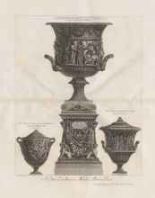 Black and white etching of a detailed urn. 