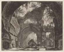 Black and white engraving depicting a large stone arch with dilpidated stone behind it. 