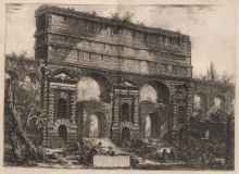 Black and white engraving of a stone facade with multiple archways featuring people walking in the scene.