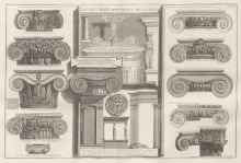 Black and white image composed of Ionic column capitals from various buildings in Rome.