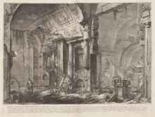 Black and white engraving depicting ruins, tombs, and masonry with subjects exploring the space. 