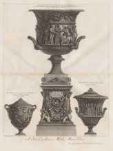 Black and white etching of a detailed urn. 